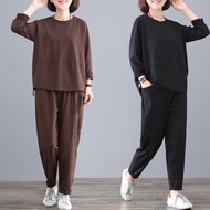 Women Plain Color Two-piece Set Sportswear Round Neck Long Sleeve Top,high Waist Wide Leg Pants Plus