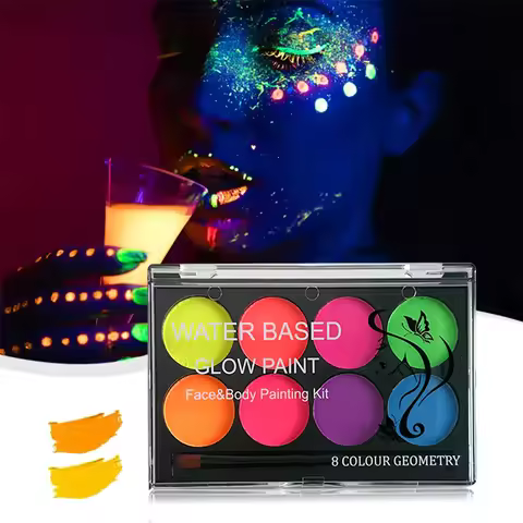 8 Color Face & Body Paint Palette,UV Glow-in-the-Dark Water-Based Neon Fluorescent Colors for DIY Na