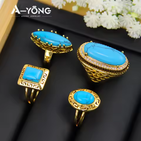 Luxury Turquoise Gold Plated Rings 21k Gold Color Saudi Fashion Big Ring Dubai Women Wedding Party V