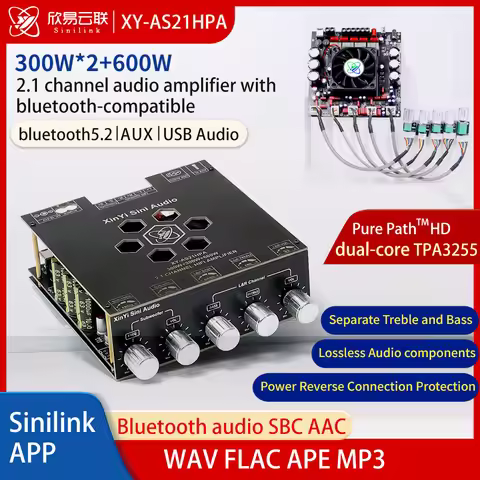 AS21 TPA3255 Bluetooth 5.2 2.1 Channel Power Audio Stereo Subwoofer Amplifier Board 300WX2+600W TREB