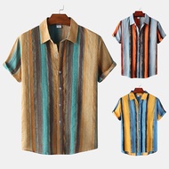 Men's Stylish Loose Casual Short Sleeve Colored Striped Shirt Button Up Printed Polo Shirt Plus Size