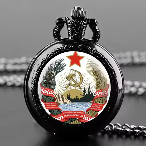 Soviet Republic Logo Glass Dome Pocket Watch – Quartz Movement, Arabic Numerals Dial & Durable Chain