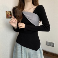 แขนยาวเสื้อยืดผู้หญิงสไตล์เกาหลีบางคอวีเสื้อยืดสีดำเซ็กซี่แฟชั่นดีไซน์ใหม่