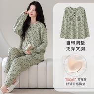 Pajamas round neck pullover pure cotton womens pajamas set with chest pad long-sleeved trousers Kore