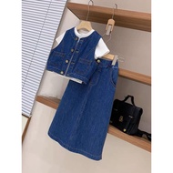 Women's jean Set Denim Croptop Gile with high-waisted A-shaped jean skirt H74, beautiful Denim