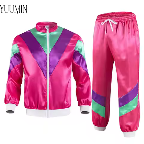 Women 80s Party Tracksuit Y2K Color Block Satin Hip Hop Style Sports Set Stand Collar Zipper Jacket 