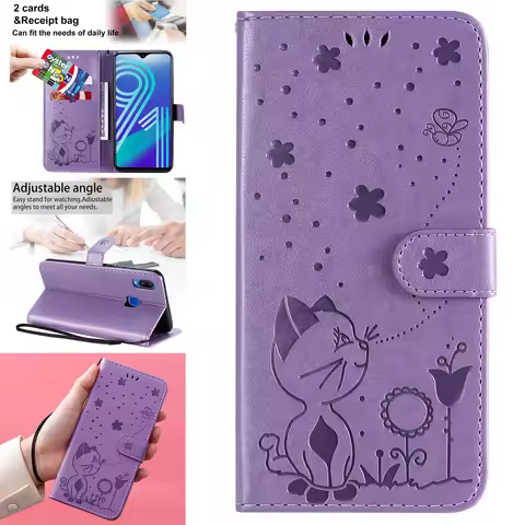 Leather Wallet Flip Cover Lovely Cat Bee Phone Case For Vivo Y33S Y1S Y91 Y74S Y90 Y53 Y55 Y75 Y72 Y