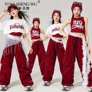 Hip Hop Jazz Dance Performance Outfit White Tops Red Shuffle Pants Children Street Dance Fashion Clo
