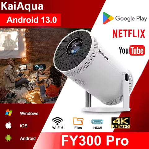 KaiAqua 300ANSI Fy300 4K Native Portable Projector 1080P Auto Focus Keystone Correction Android 11 B