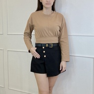 （JANUARY BRAND）Womens long-sleeved round neck summer new slim fit pure cotton versatile top女装长袖圆领束腰百