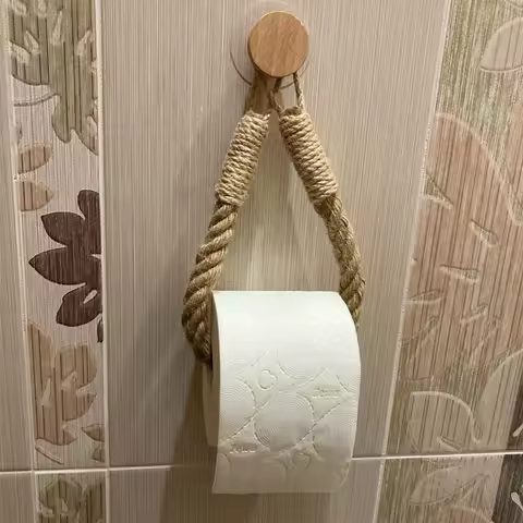 Nail-free Paper Towel Holders Rack Bathroom Towel Hook Toilet Paper Holder Towel Rack Beige Hemp Col