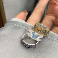 Pure Silver 999 Drawing Gold Enamel Colorful Silver Ring Chinese Style New Chinese Style Hollow All-