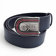 全新未使用商品 △ GUCCI 838647 DAAAT 織帶細部搭扣皮帶 海軍藍 銀色五金 90碼 義大利製 男士推薦 ◎