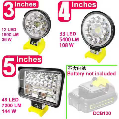 Car LED Working Lights Lamp Flashlights Electric Torch Spotlight For Dewalt 10.8V 12V Li-ion Battery