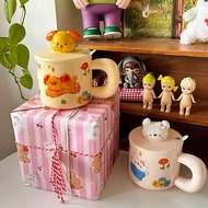 Bear and rabbit ceramic cup with doodle pattern and spoon lid