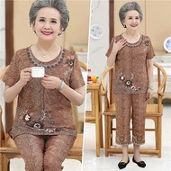 Grandma Dress Ice Silk Two-Piece Suit Elderly Women's Clothing Mom Short-Sleeved Clothes Elderly Lad