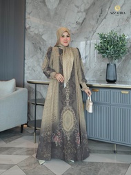 Dress Azzahra Series SOFIA dengan motif abstrak dan detail renda cocok untuk acara formal.