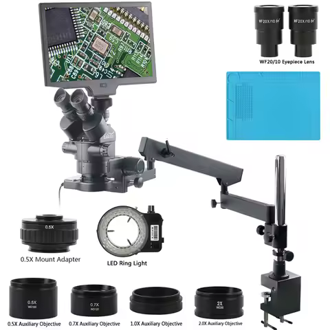 Eakins 3.5X-90X Zoom Trinocular Stereo Microscope Articulating Arm Clamp Stand 10.1"/13.3" LCD Measu