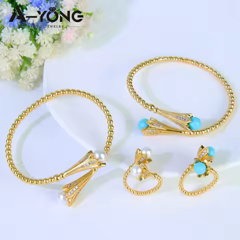Luxury Gold Plated Pearls Bracelet Ring Set 21k Gold Color Oman Turquoise Fashion Bangles Dubai Wome