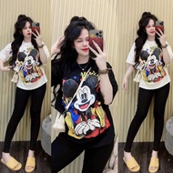 Bigsize 60-90kg Set of loose cotton t-shirt + slim leggings for women, printed cotton shirt set with