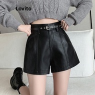 Lovito Casual Shorts Plain Shorts for Women LNE30098 (Apricot/Black)