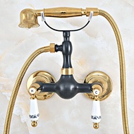 Black Gold Brass Bathroom Shower Faucet Mixer Tap With Hand Held Shower Head Set Double Handles Wall Mounted Bathroom Faucet zna431