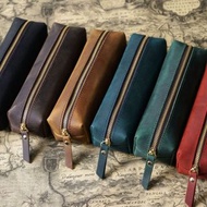 手工真皮鋼筆收納袋男士牛皮拉鍊筆袋學生鉛筆盒簡約大容量文具袋