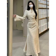 Autumn 2024 New Vintage Mori Style Niche Elegant Tight Waist Over the Knee Cheongsam Dress All Match