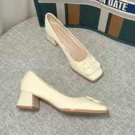 Parisian Versatile Khaki High Heels Womens Spring Autumn New Square Head Thick Heel Elegantly Design