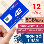( SALE 50% ) SIM 4G trọn gói 1 năm không cần nạp tiền MOBIFONE Gói 12MDT50 12FD50 5Gb/ngày FREESHI
