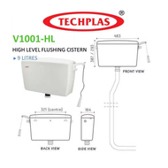 TECHPLAS CISTERN HIGH/LOW LEVEL FLUSH CISTERN 9 LITRE / TANGKI TANDAS