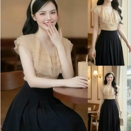 Ruffled V-Neck Dress with Pleated Skirt DS8577 - DVC Fashion Brand