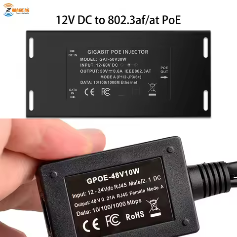 12V DC to 48V 50V 802.3af/at PoE Converter 1000mbps Ethernet Speed PoE Injector Up to 30W Max Output