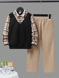 SHEIN 男大童休閒針織背心帶格紋翻領襯衫和素色長褲和編織兩件套套裝