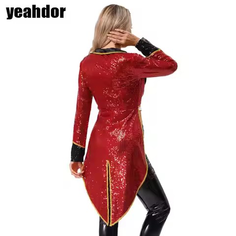 Women Circus Ringmaster Costume Sequin Gold Trim Long Sleeve Tailcoat Jacket Showman Majorette Coat 