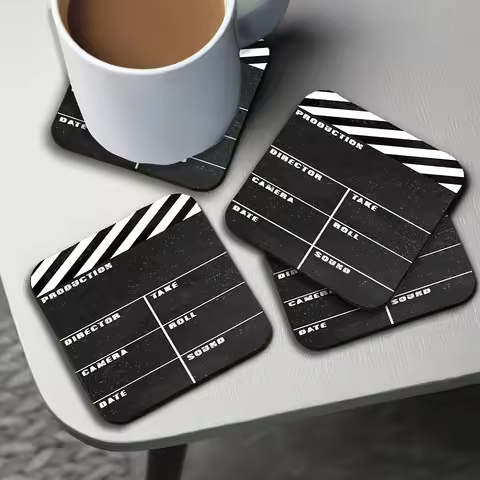 2D Flat 4pcs Movie Clapperboard Style Wooden Cup Mats Unique Cup Coasters Suitable Home Kitchen Deco