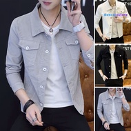 [MCC]✌Men Spring Autumn Denim Jacket Solid Color Turn-down Collar Long Sleeve Slim Fit Casual Jacket