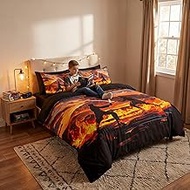 Orange Swordsman Bedding Sets Queen Size,Hoilday Themed Duvet Cover with Volcano Eruption Flame Patt