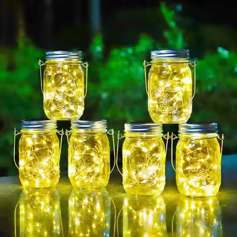 20 LED Solar Mason Jar Lights Waterproof Fairy Firefly Jar Lid with Handles Lights For Patio Garden