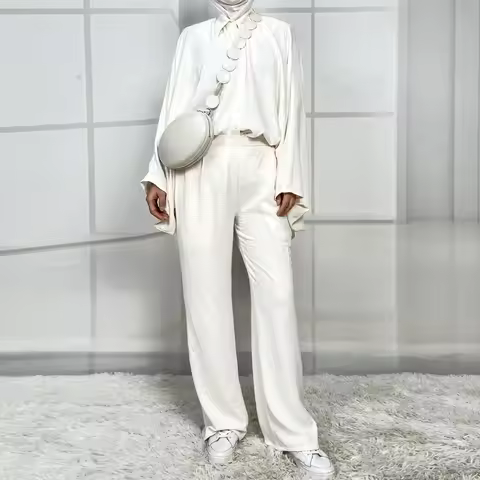 Eid Batwing Sleeves Buttons Tops Elastic Waist Pants Muslim Women Co-Ord Set Ramadan Islam Clothes T