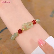 [Kayfirele] Fashion Double Ring Interlocking Hetian Jade Beaded Bracelet Female Ins Style Love Safety Buckle Bangle For Bestie Birthday Gift [New]