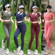 Women's Yoga Gym Set short sleeve Off Shoulder High Waist Trousers 4-Way Stretch Elastic with Foam (