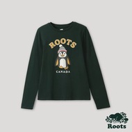 Roots 女裝- 經典傳承系列 動物圖案長袖 T 恤-深綠色-企鵝
