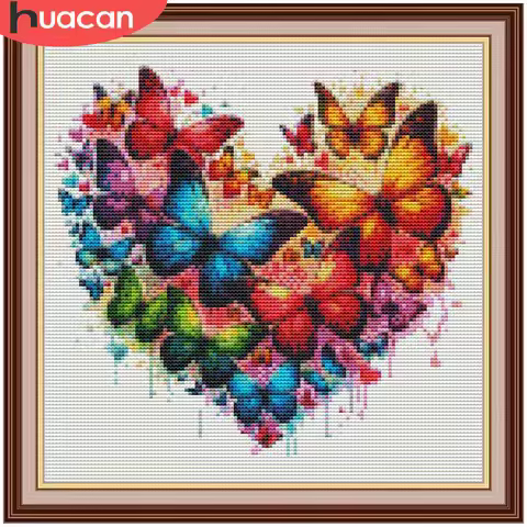 HUACAN 11CT Cross Stitch Kits Butterfly Animal Heart Landscape Hobbies Creative Printed Canvas Adult