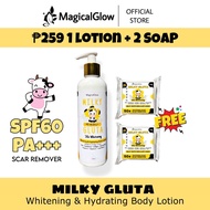 1 lotion + 2 soap 1 Milky Gluta 50x WhiteningHydrating SPF60 PA+++ Body Lotion (250ml) + 2 pcs Milky