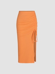 Cider Solid Drawstring Split Maxi Skirt