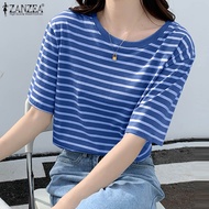 Zanzea เสื้อแขนสั้นผู้หญิงสไตล์เกาหลีเสื้อเสื้อยืดคอกลมพิมพ์ลายทางเสื้อสตรีฤดูร้อน #240508