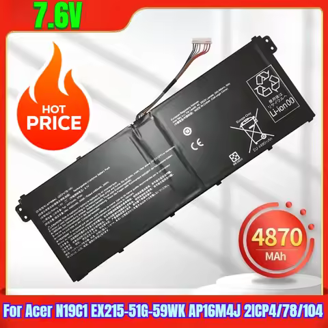 7.6V 4870mAh Laptop Battery for Acer N19C1 EX215-51G-59WK AP16M4J 2ICP4/78/104