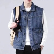 หลวมผู้ชาย DENIM เสื้อแจ็คเก็ตฤดูใบไม้ผลิฤดูใบไม้ร่วงอินเทรนด์กระเป๋าขนาดใหญ่ Cool หล่อ Workwear ฮ่อ
