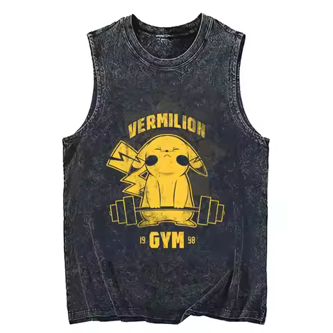 2026 Pokemon Pikachu Acid Wash Tank Top, "Pikahuge" Bodybuilding Print, Oversized Cotton Streetwear 